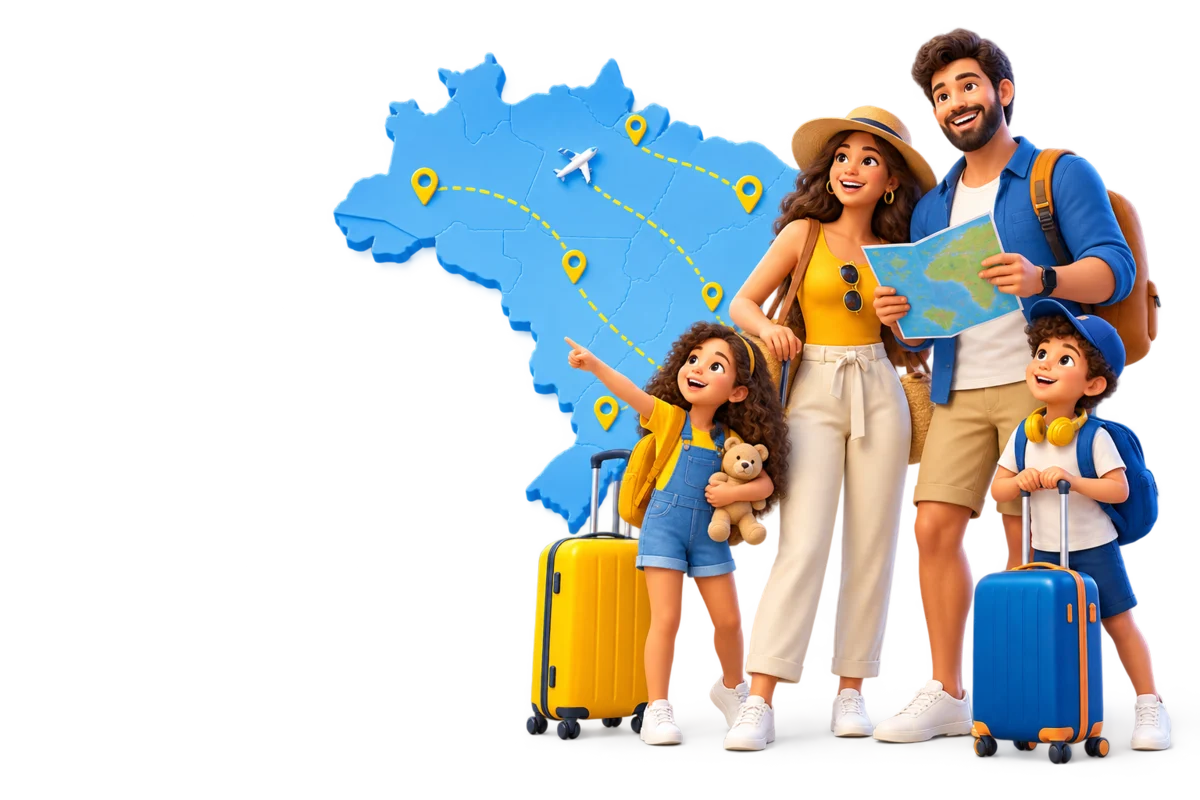 Ilustração de uma família com malas diante de um mapa do Brasil